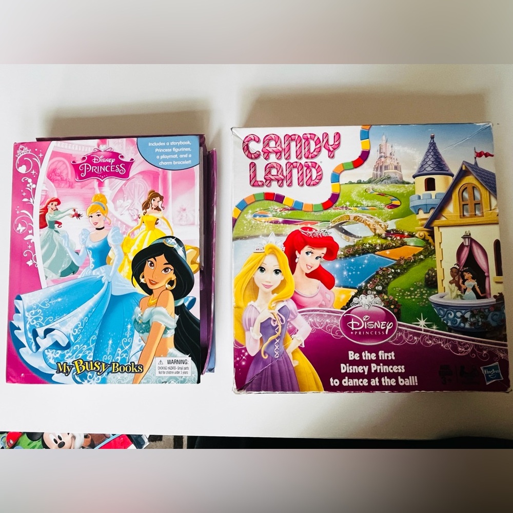 Candy land game with figurines and Disney Princesses book with figurines